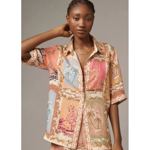 Ranna Gill Tropical Print Linen Blend Collared Blouse Size Small Anthropologie - Picture 1 of 5